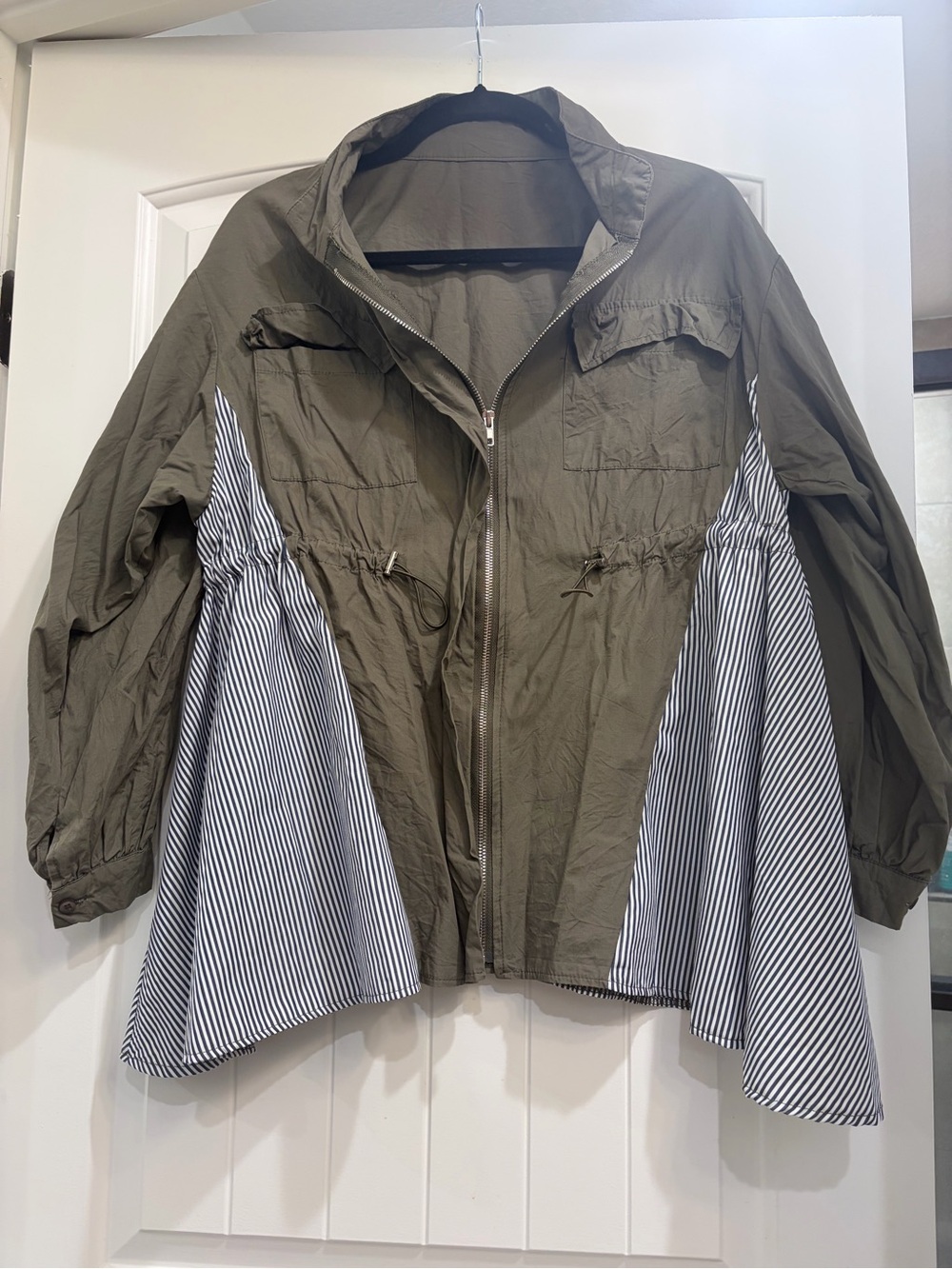 Olive Green Drawstring Jacket with Striped Panels